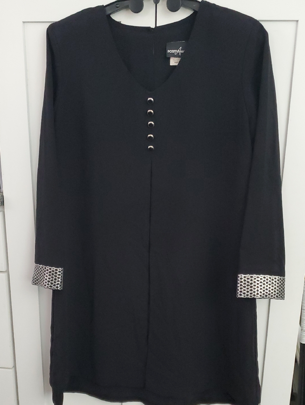 Black V-Neck Tunic Dress with Silver Studs and Metallic Cuffs